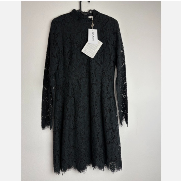 NWT Ganni Dress Everdale Lace Floral Lined Long Sleeve Mini Dress Black Size 42 - Picture 2 of 7